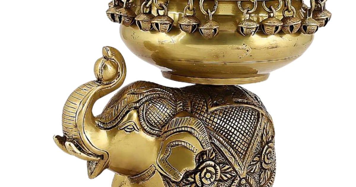 Brass Elephant Urli Bowl With Bells PIU5005 Prajjwal International
